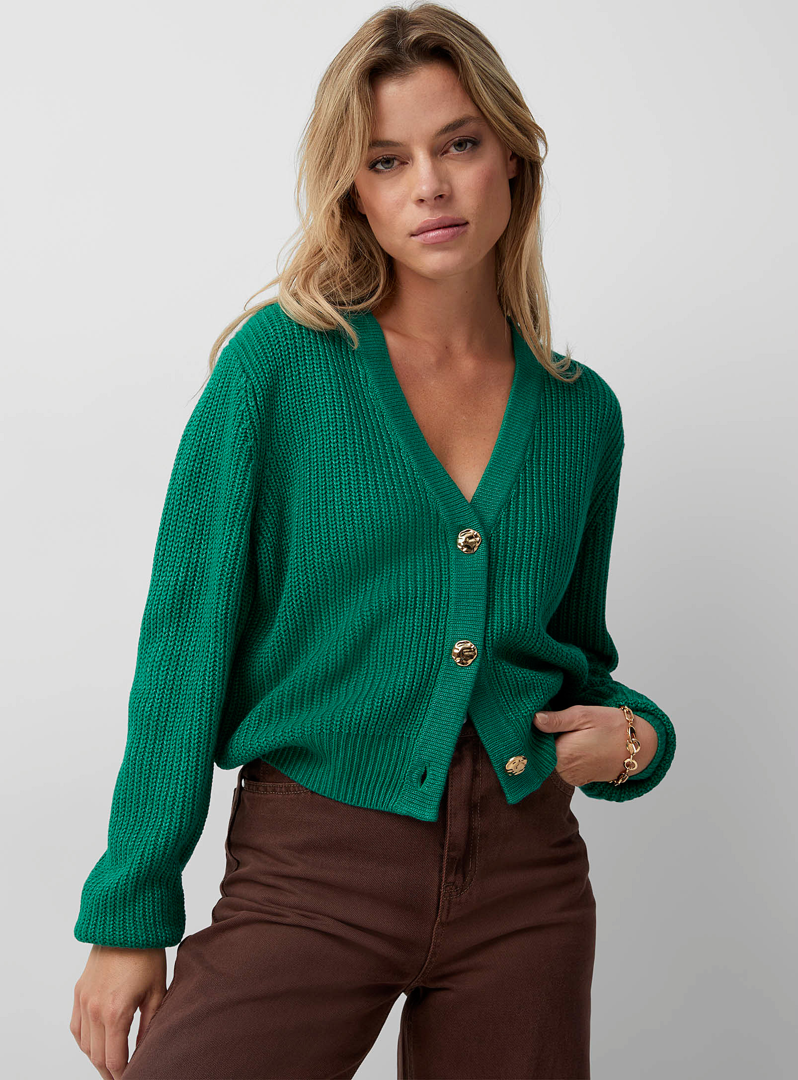Icone Gold Buttons Shaker-rib Cardigan In Kelly Green