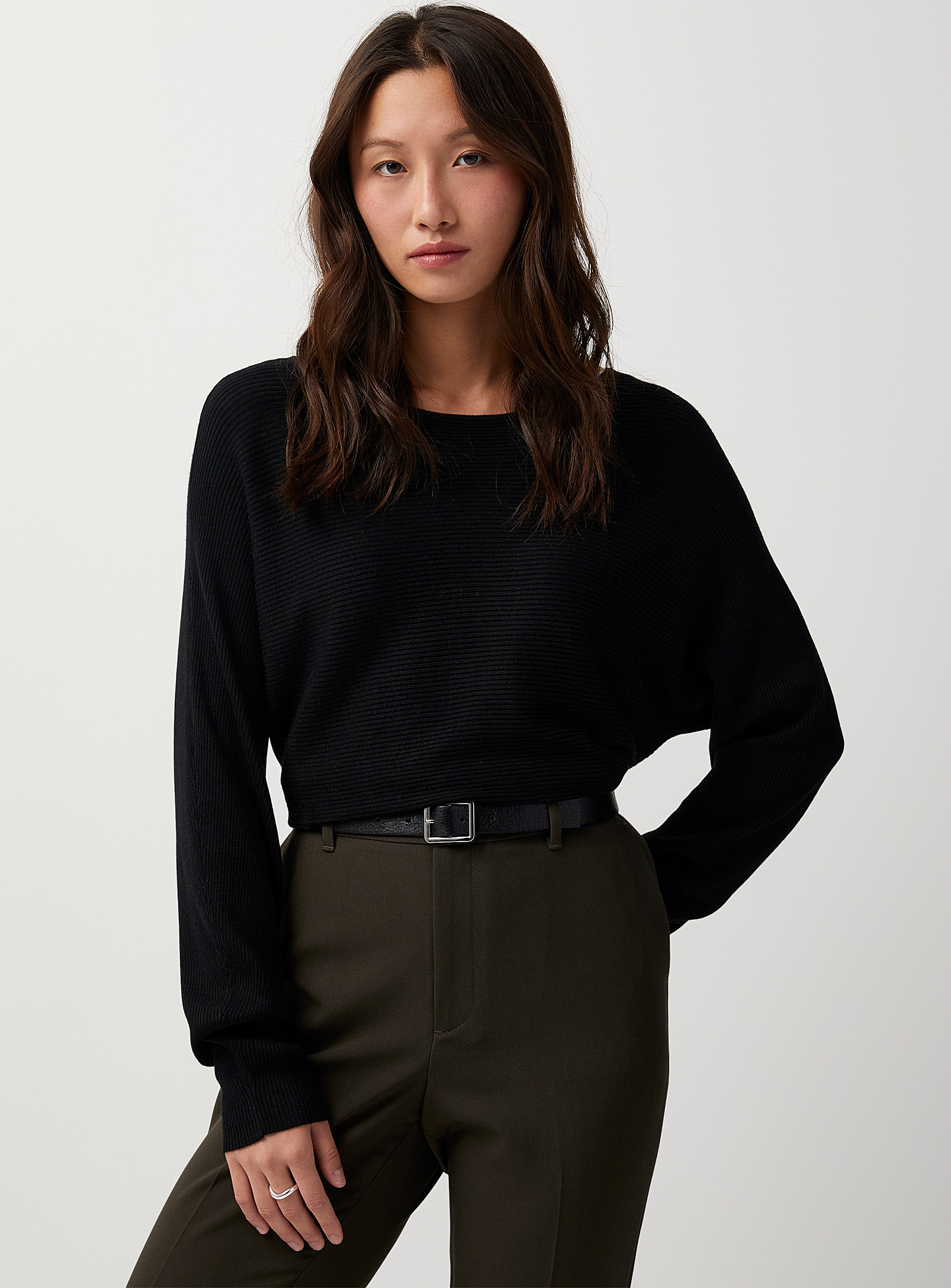 Contemporaine Dolman-sleeve Ribbed Sweater In Black