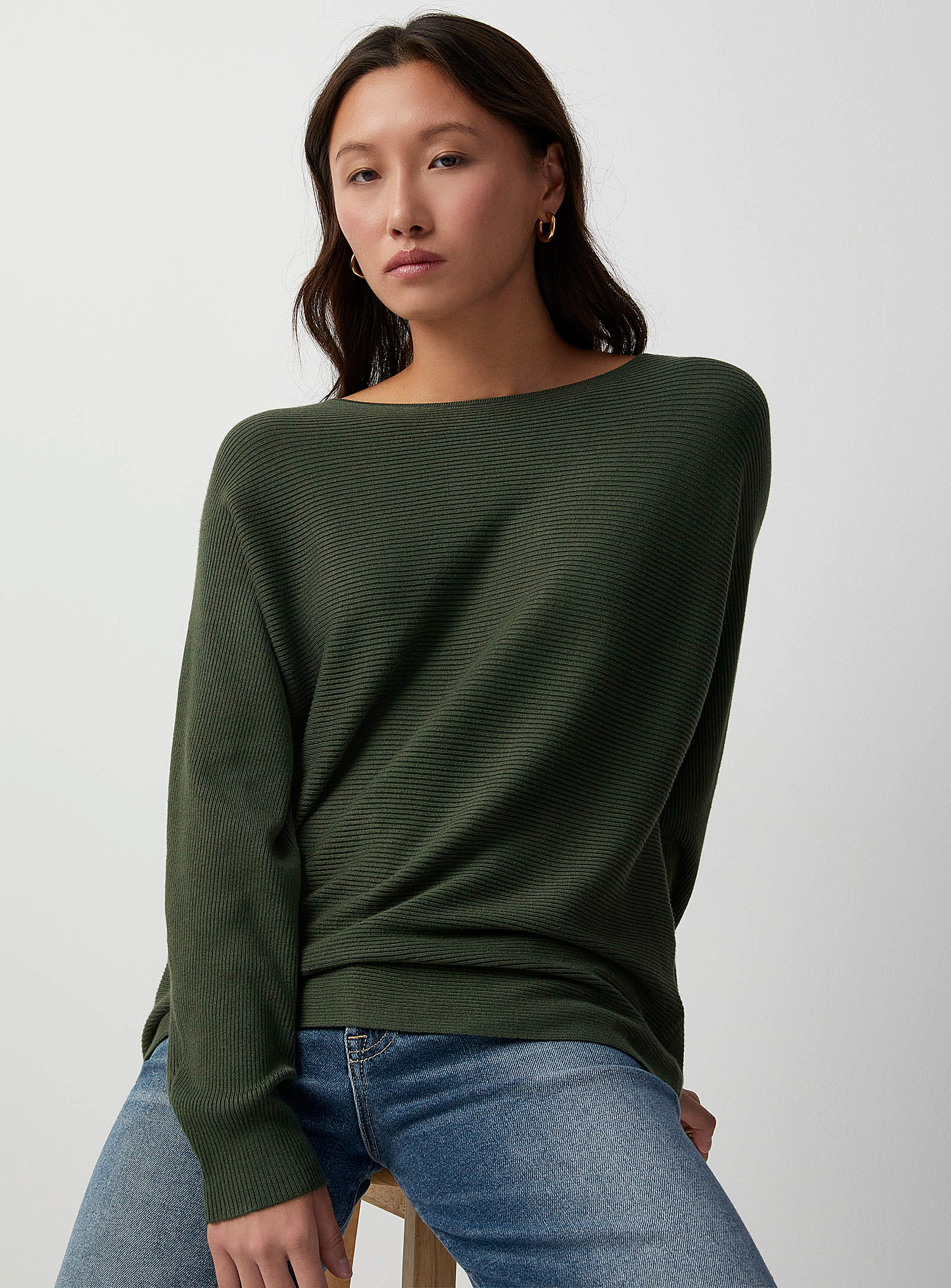 Contemporaine Dolman-sleeve Ribbed Sweater In Mossy Green