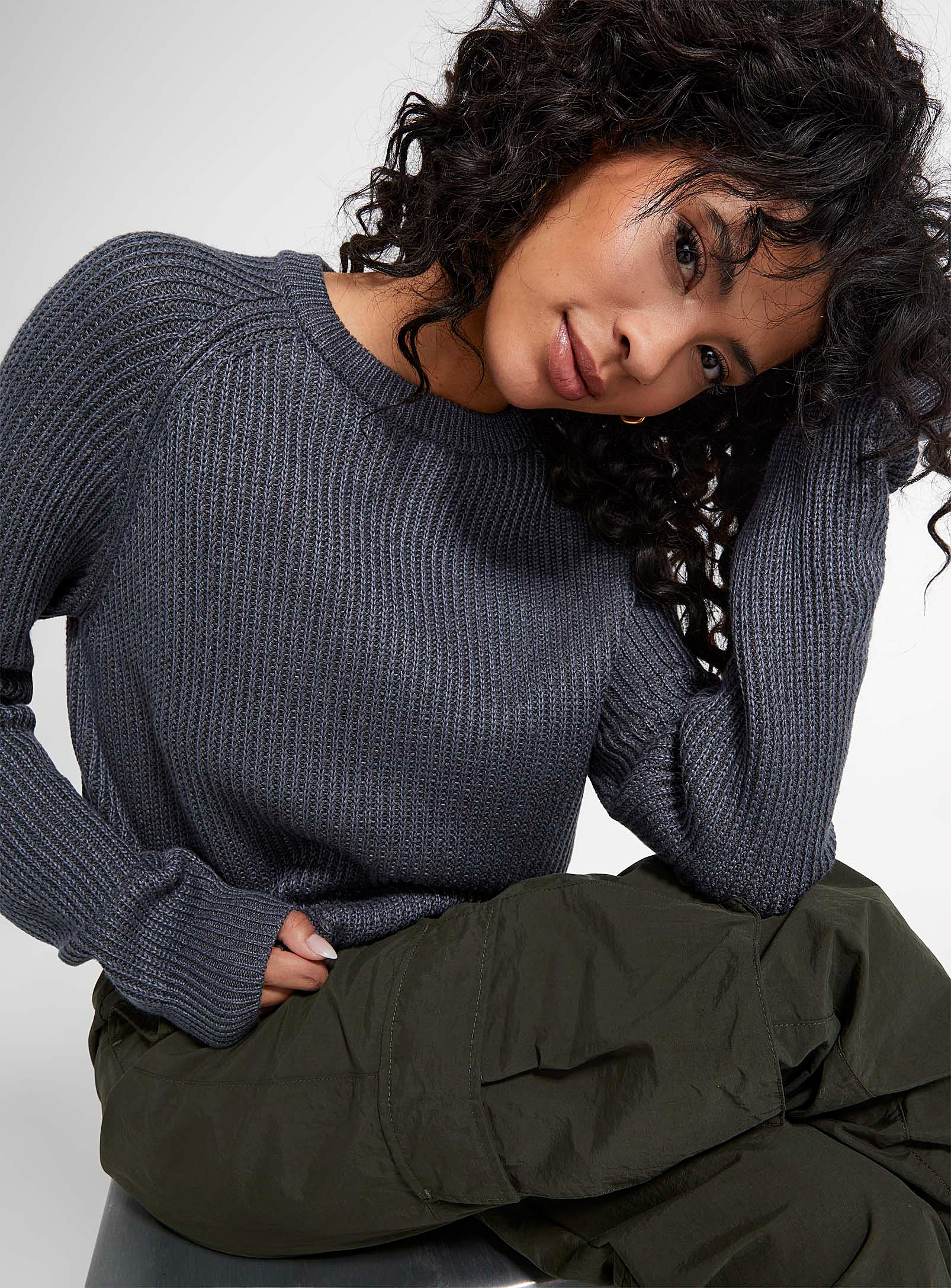 Icone Ribbed Cropped Raglan Sweater In Charcoal