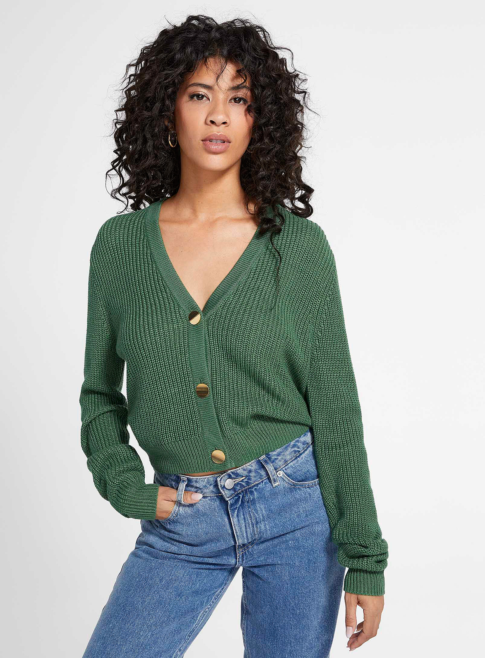 Icone Golden Buttons Ribbed Cardigan In Bottle Green