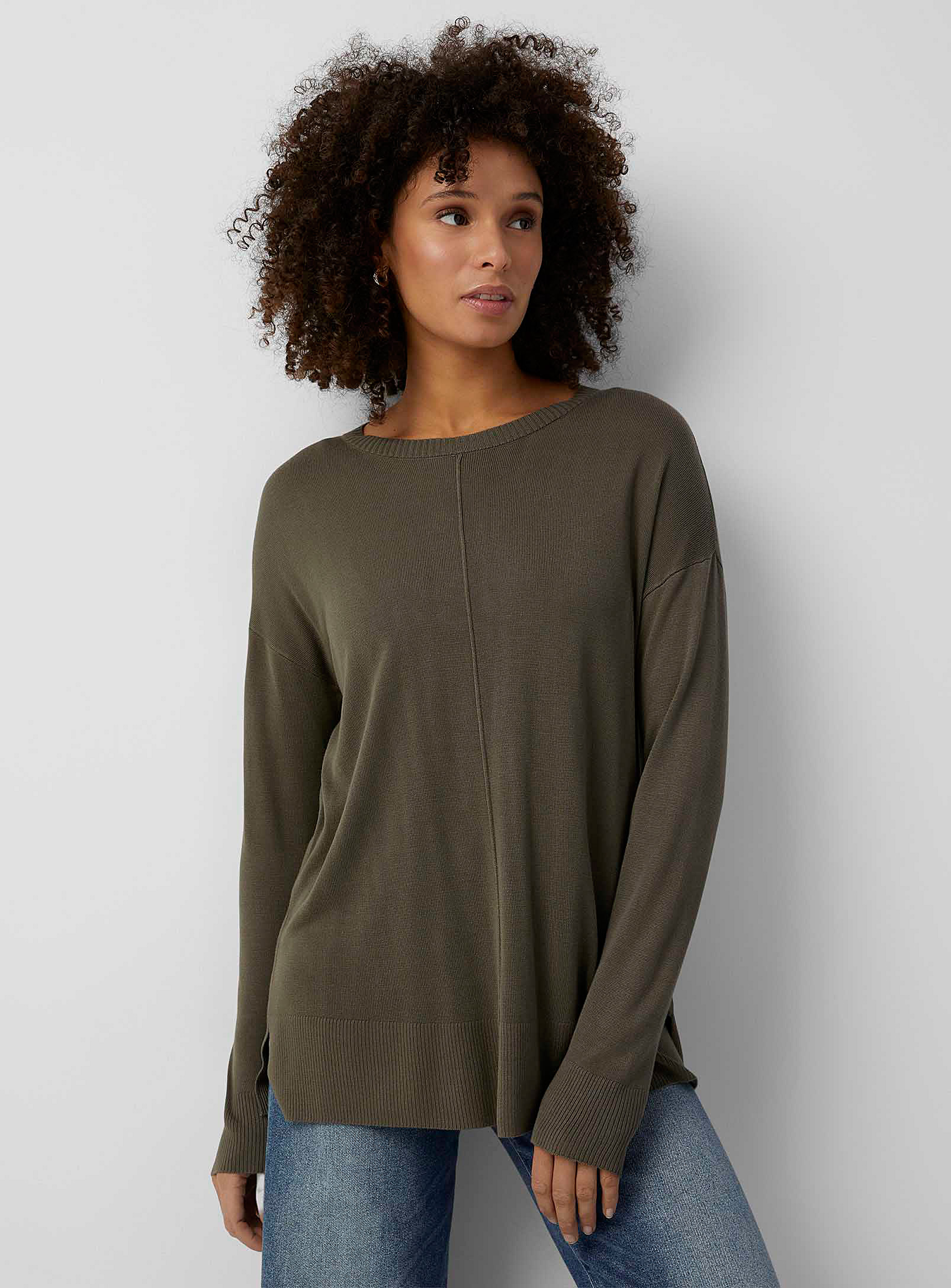 Contemporaine Embossed Seam Flowy Sweater In Mossy Green