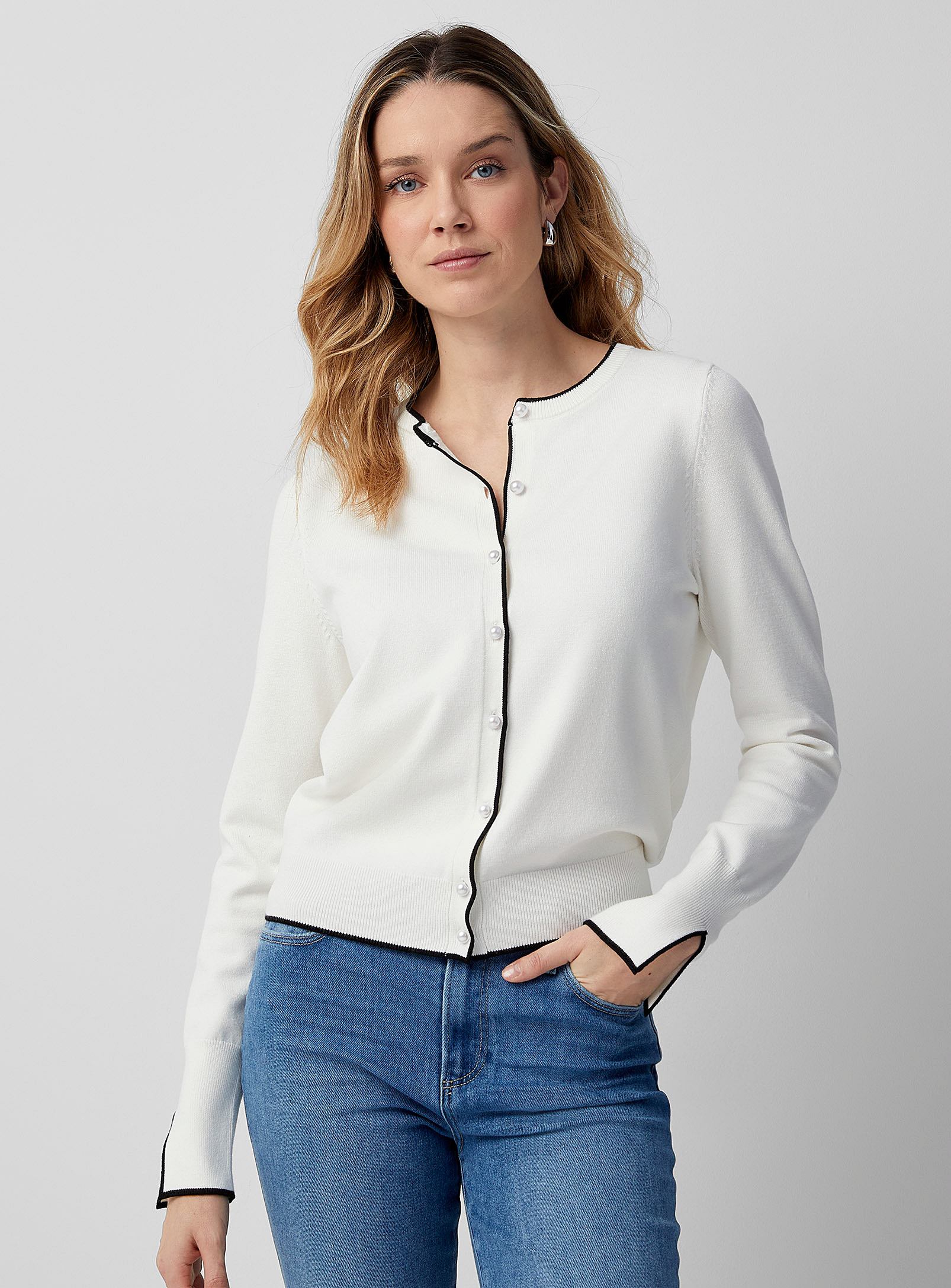 Contemporaine Pearl Buttons Contrasting Touch Cardigan In Ivory White