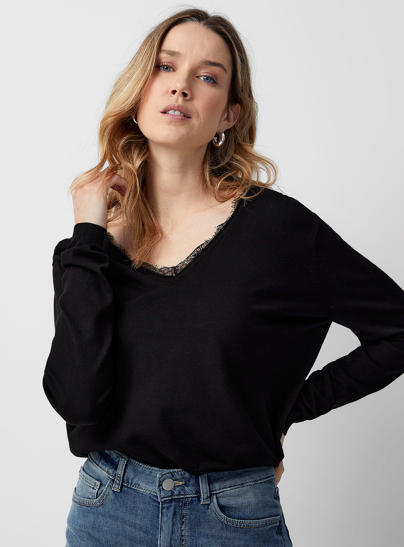 Contemporaine Lace V-neck Sweater In Black