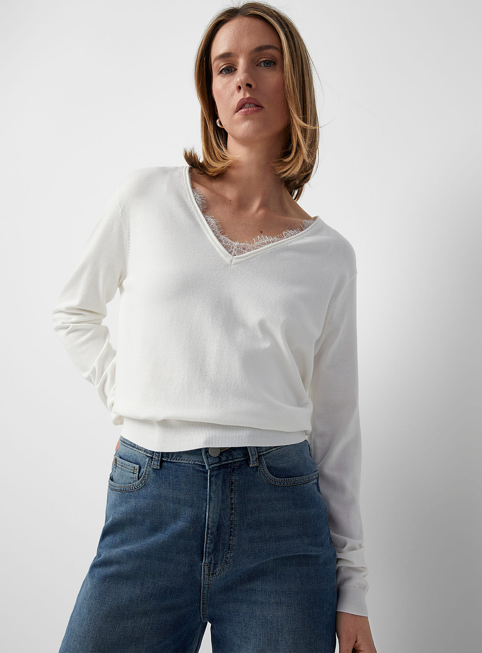 Contemporaine Lace V-neck Sweater In Ivory White