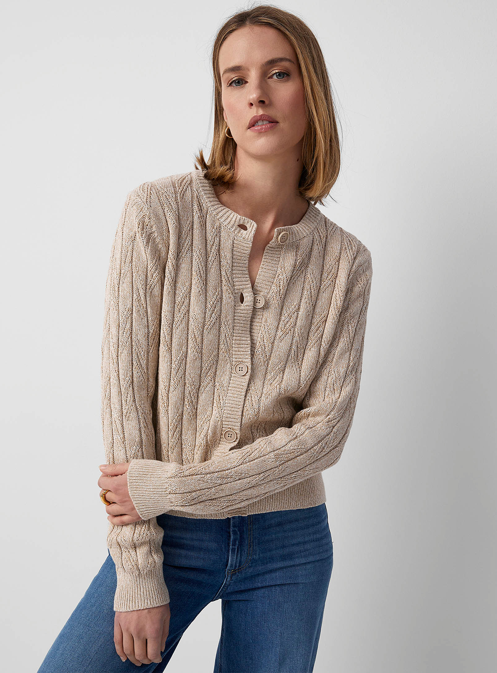 Contemporaine Twisted Cable-knit Heathered Cardigan In Sand