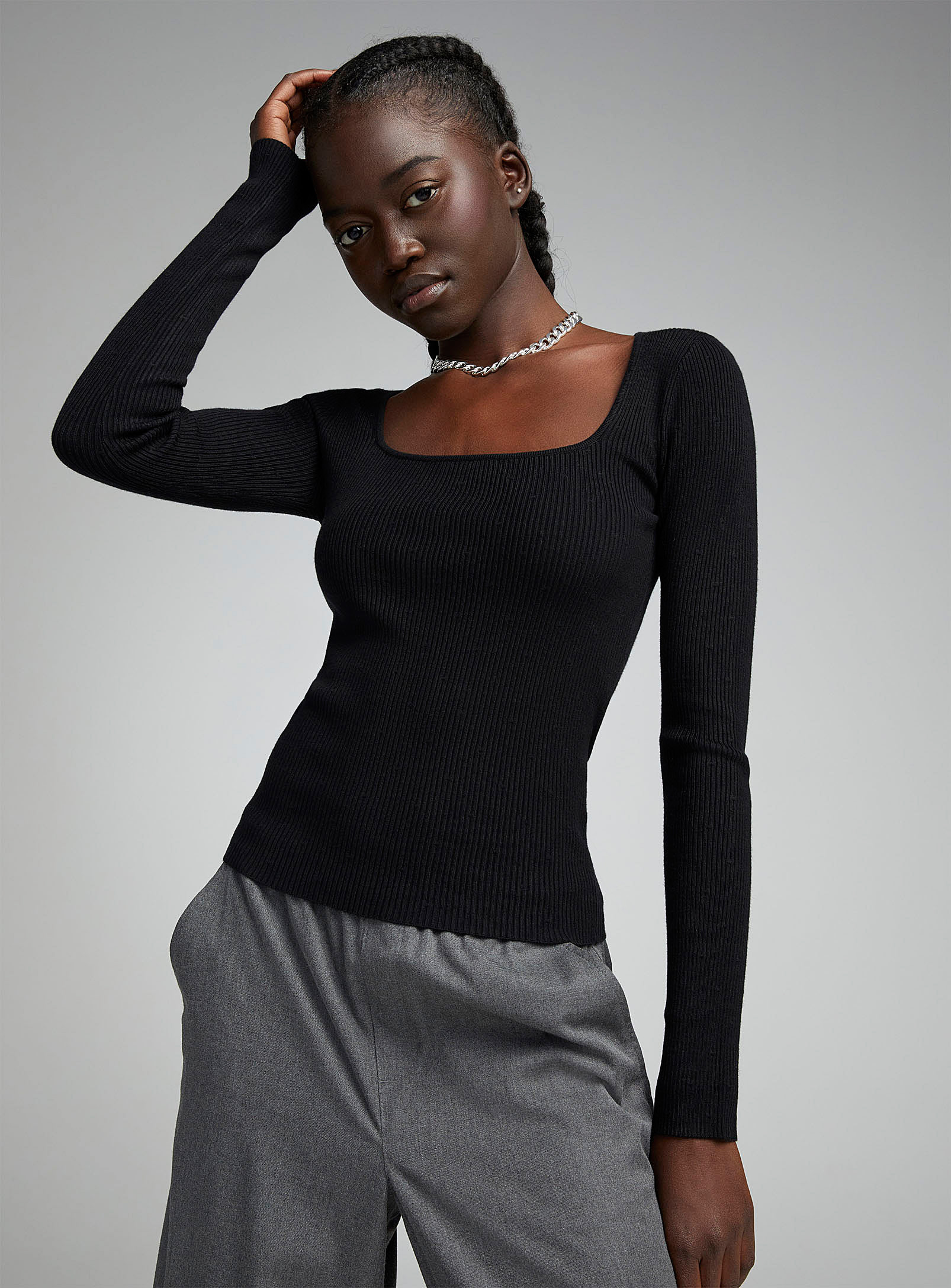 Twik Finely Ribbed Square-neck Sweater In Black