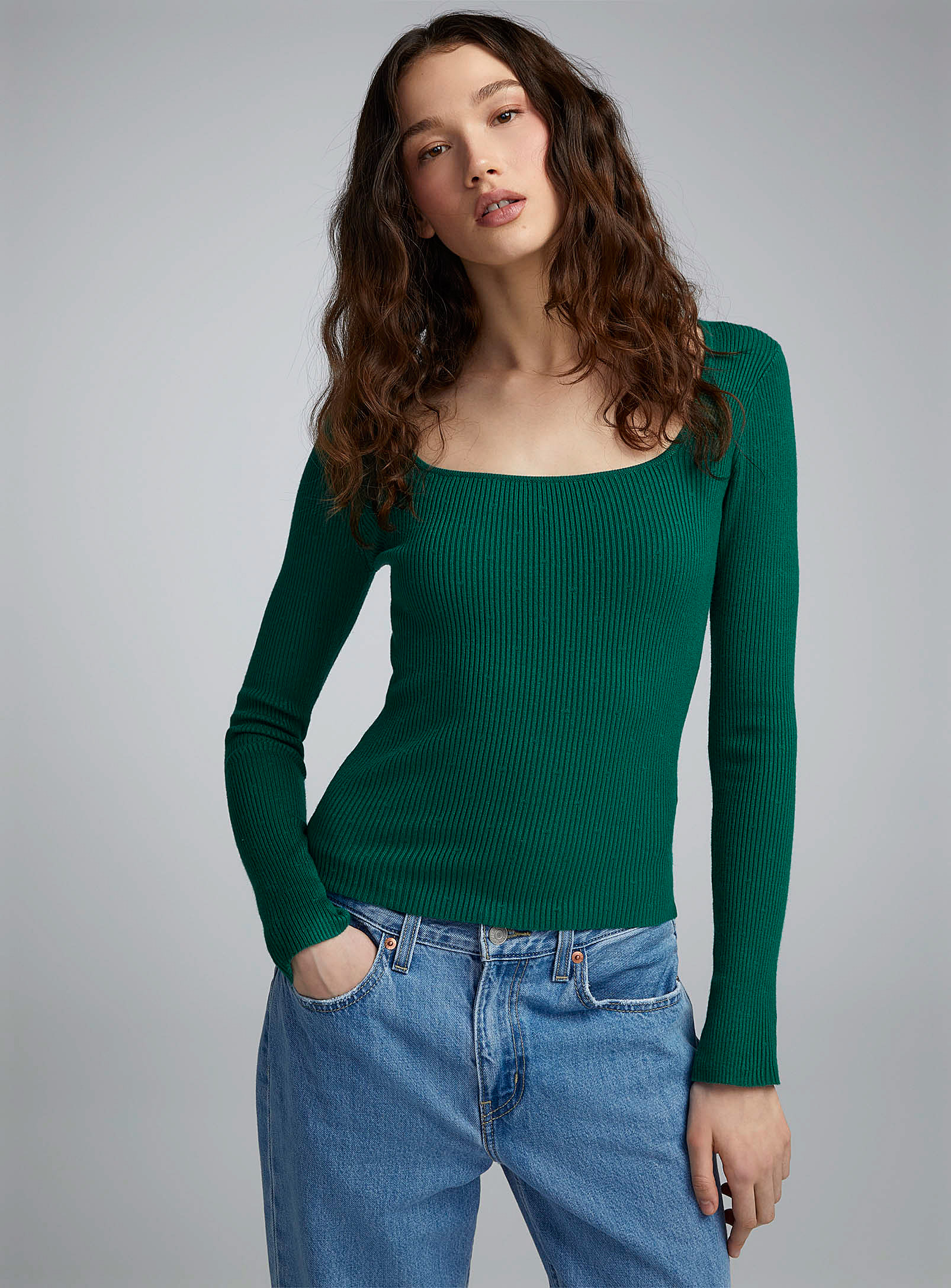 Twik Finely Ribbed Square-neck Sweater In Bottle Green