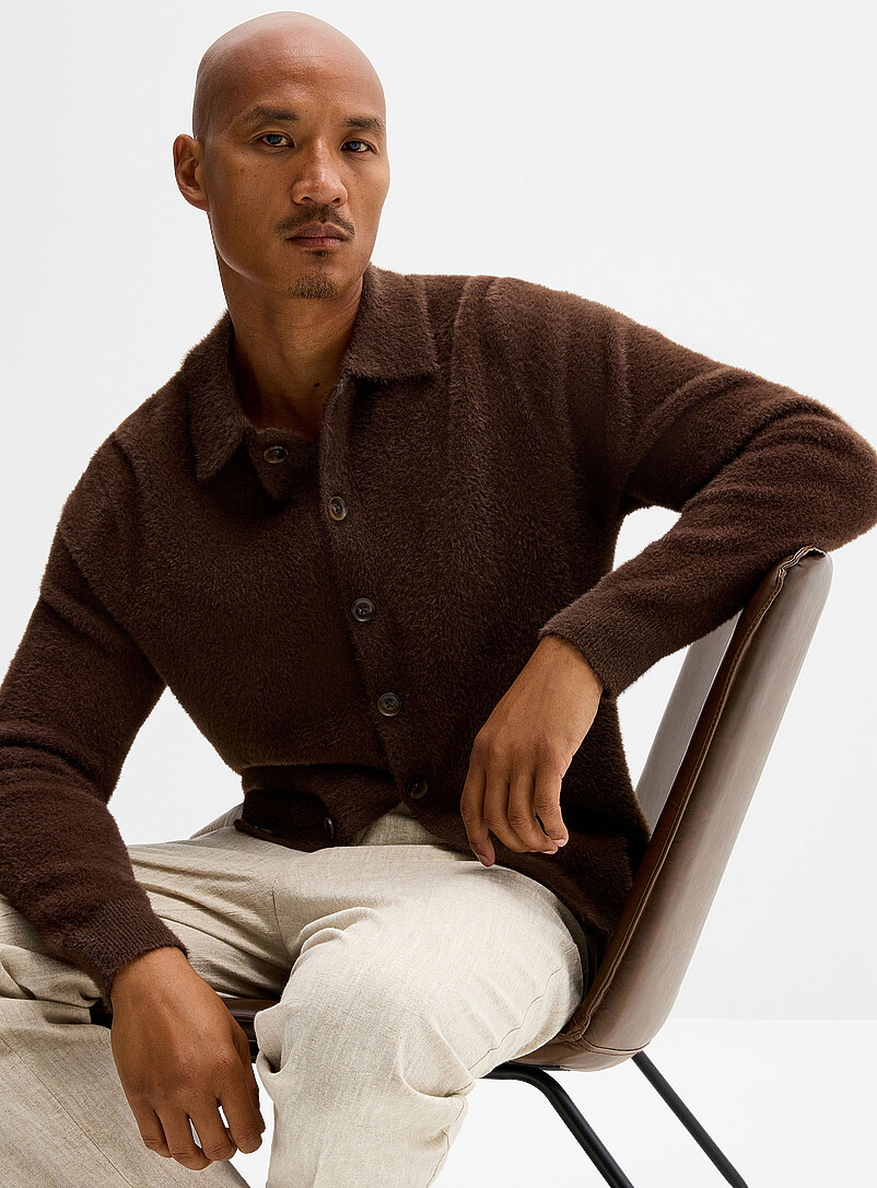 Fuzzy knit polo-collar cardigan product image (primary)
