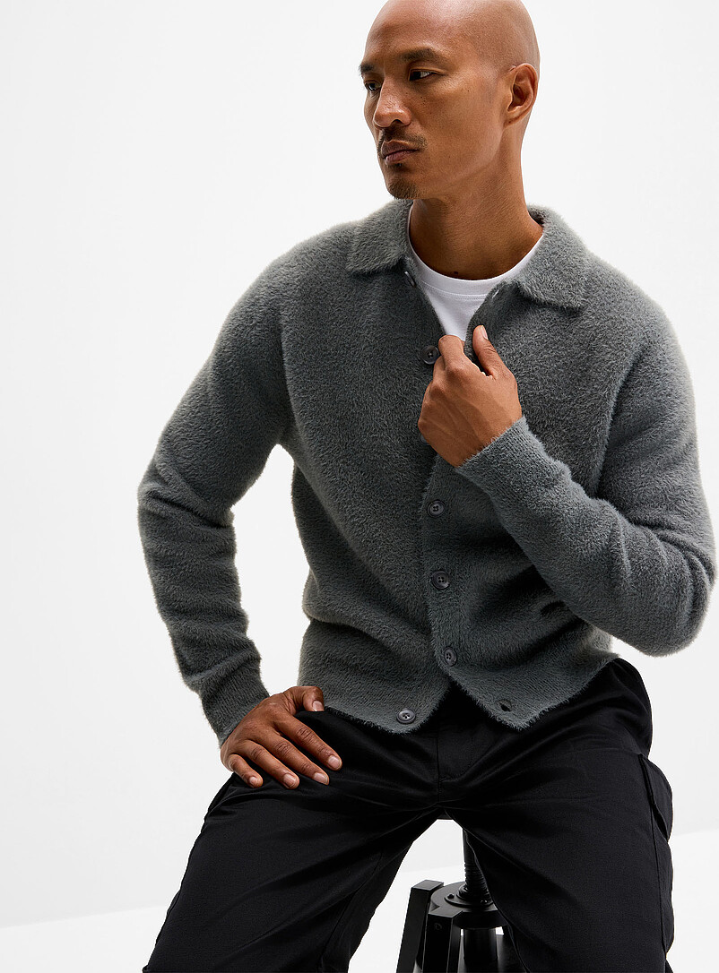 Fuzzy Knit Polo-Collar Cardigan