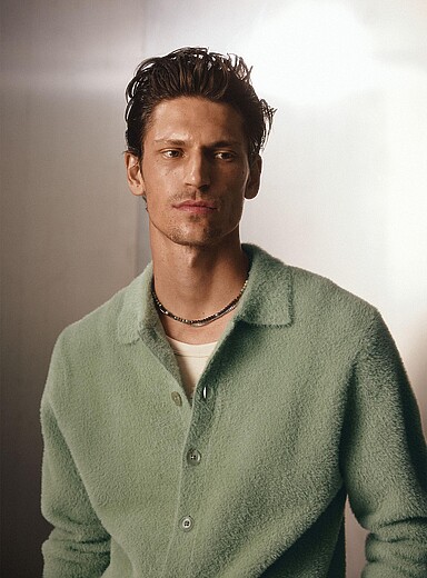 Fuzzy knit polo-collar cardigan