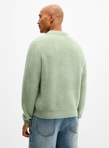 Fuzzy knit polo-collar cardigan