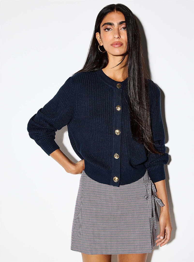 Embossed Golden Buttons Shaker-Rib Cardigan