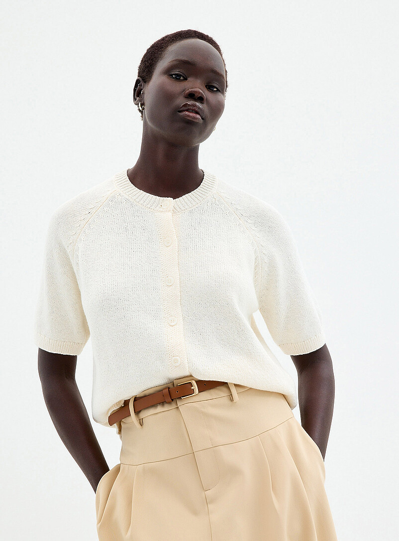 Short Raglan-Sleeve Shaker-Rib Cardigan