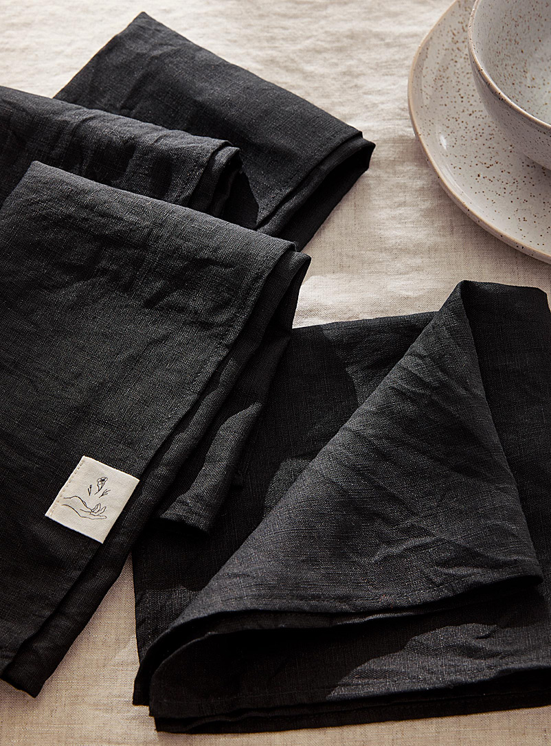 Confetti Mill: Les serviettes de table en lin naturel Ensemble de 4 Noir