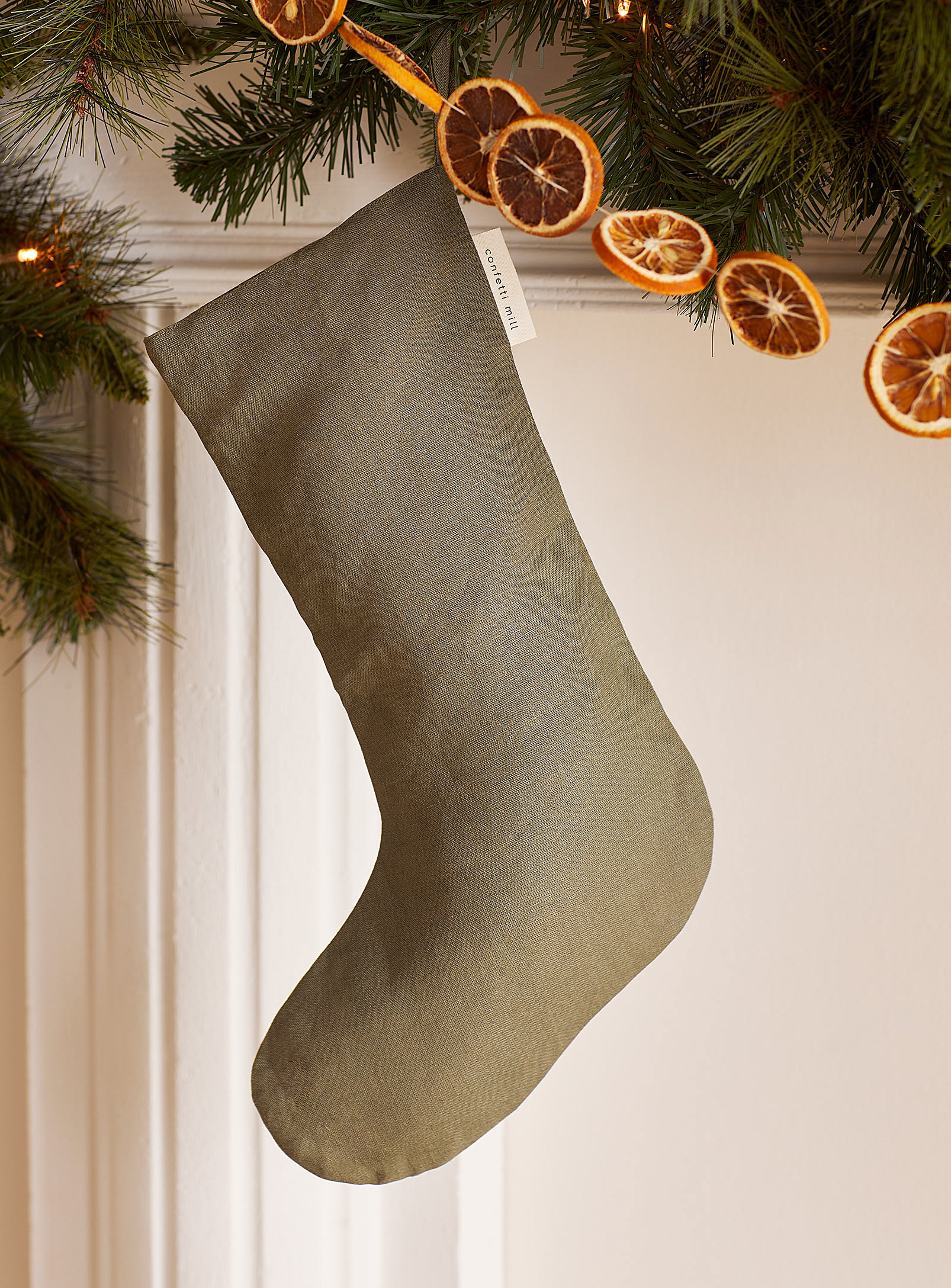 Confetti Mill Pure Linen Christmas Stocking In Mossy Green
