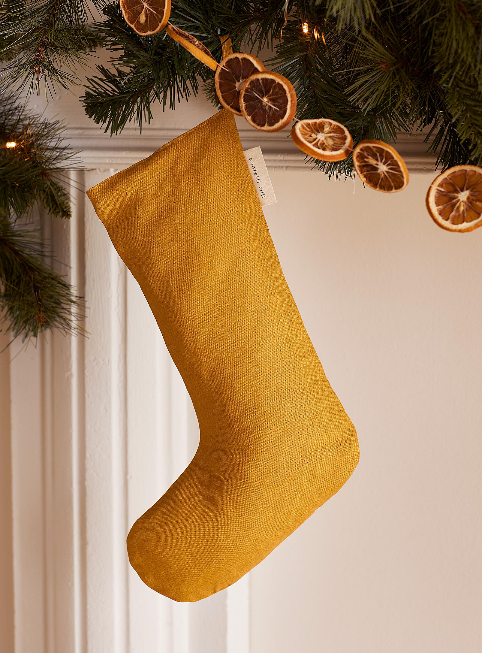 Confetti Mill Pure Linen Christmas Stocking In Dark Yellow