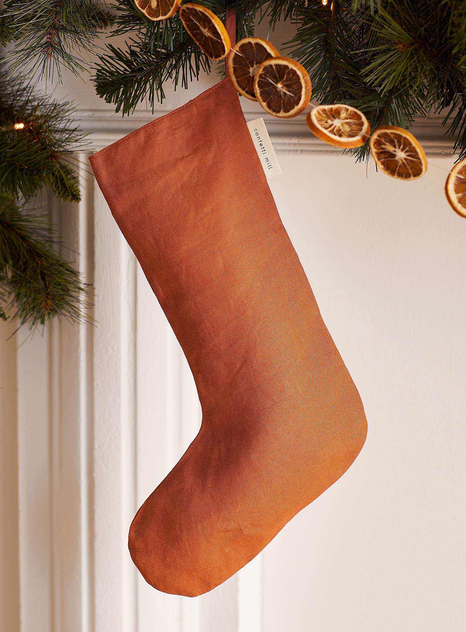 Confetti Mill Pure Linen Christmas Stocking In Dark Orange