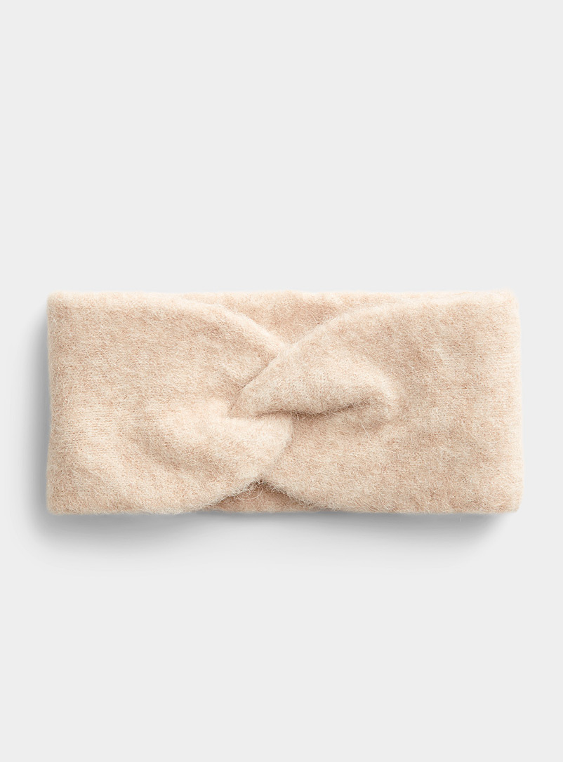 Simons Cream Beige Fuzzy alpaca knit headband for women