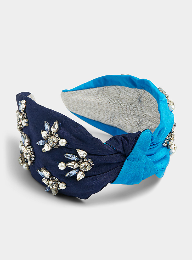 NamJosh Marine Blue Crystal and pearl two-tone headband for women