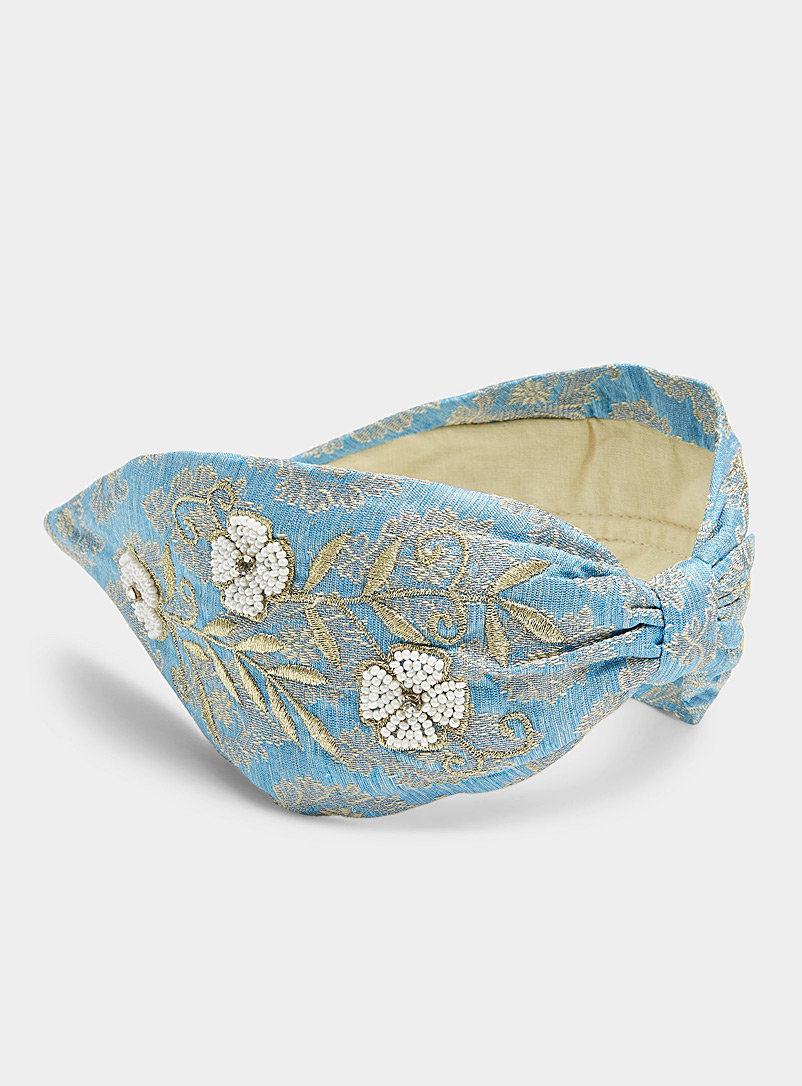 NamJosh Baby Blue Pearly flower denim headband for women