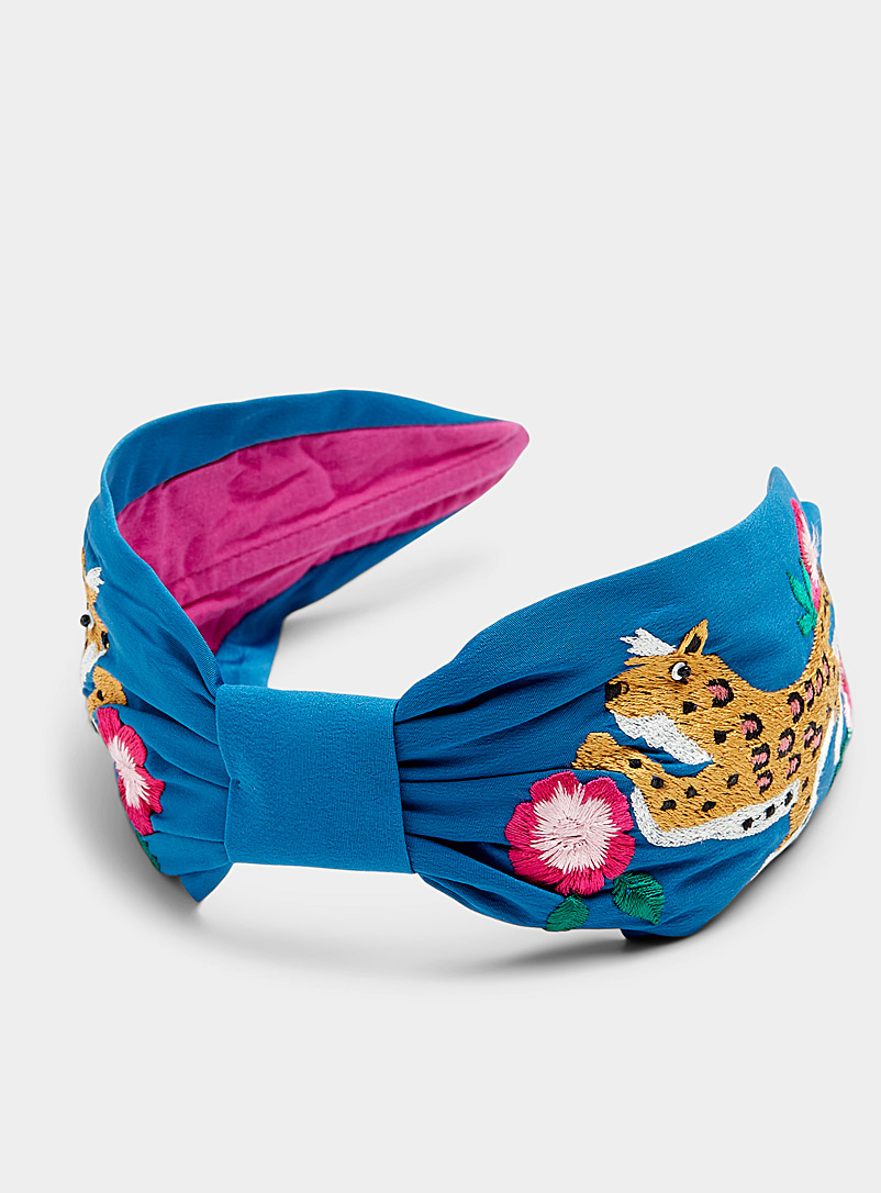 NamJosh Blue Embroidered leopard headband for women
