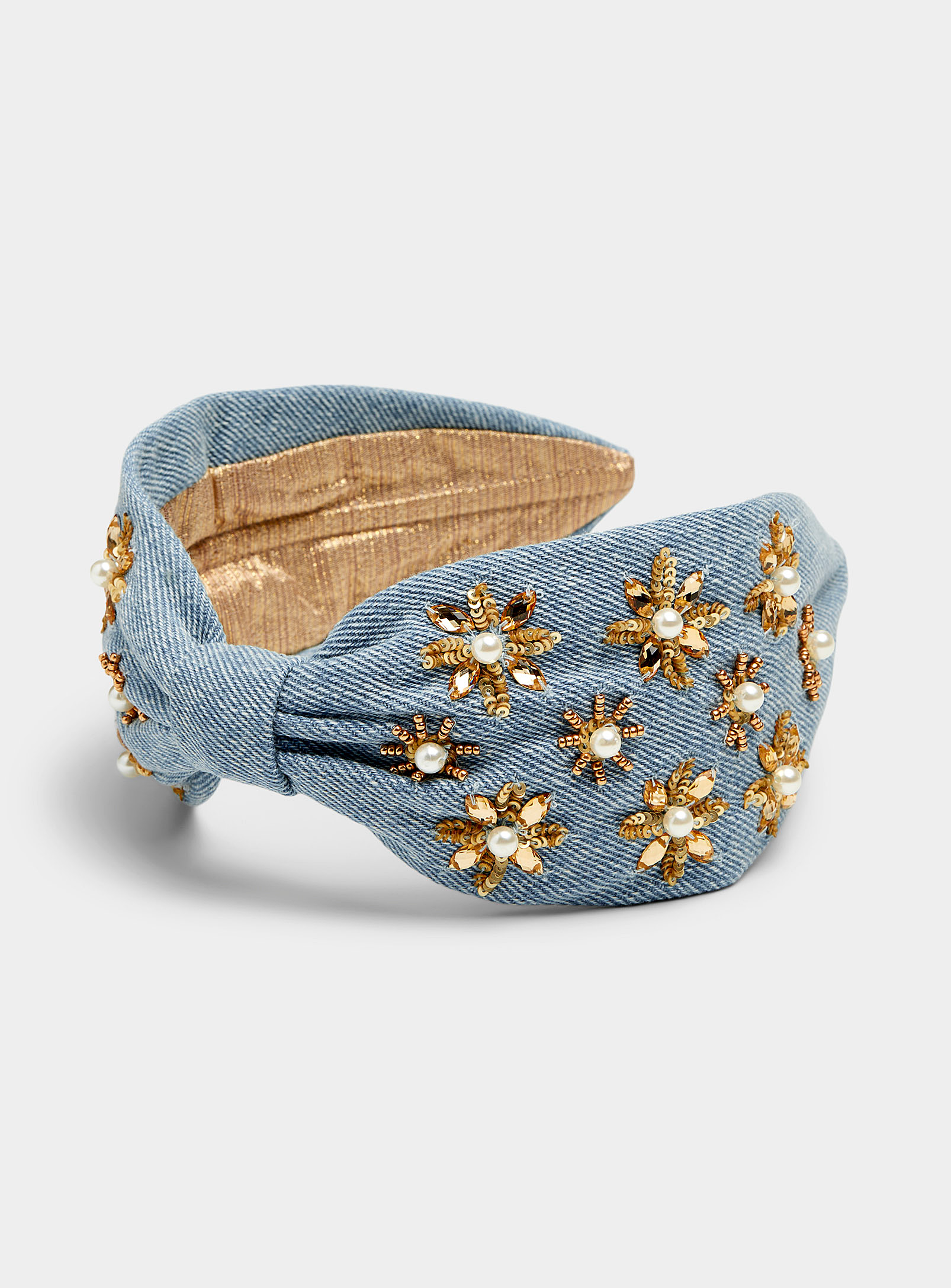 Namjosh Golden Flower Denim Headband In Blue