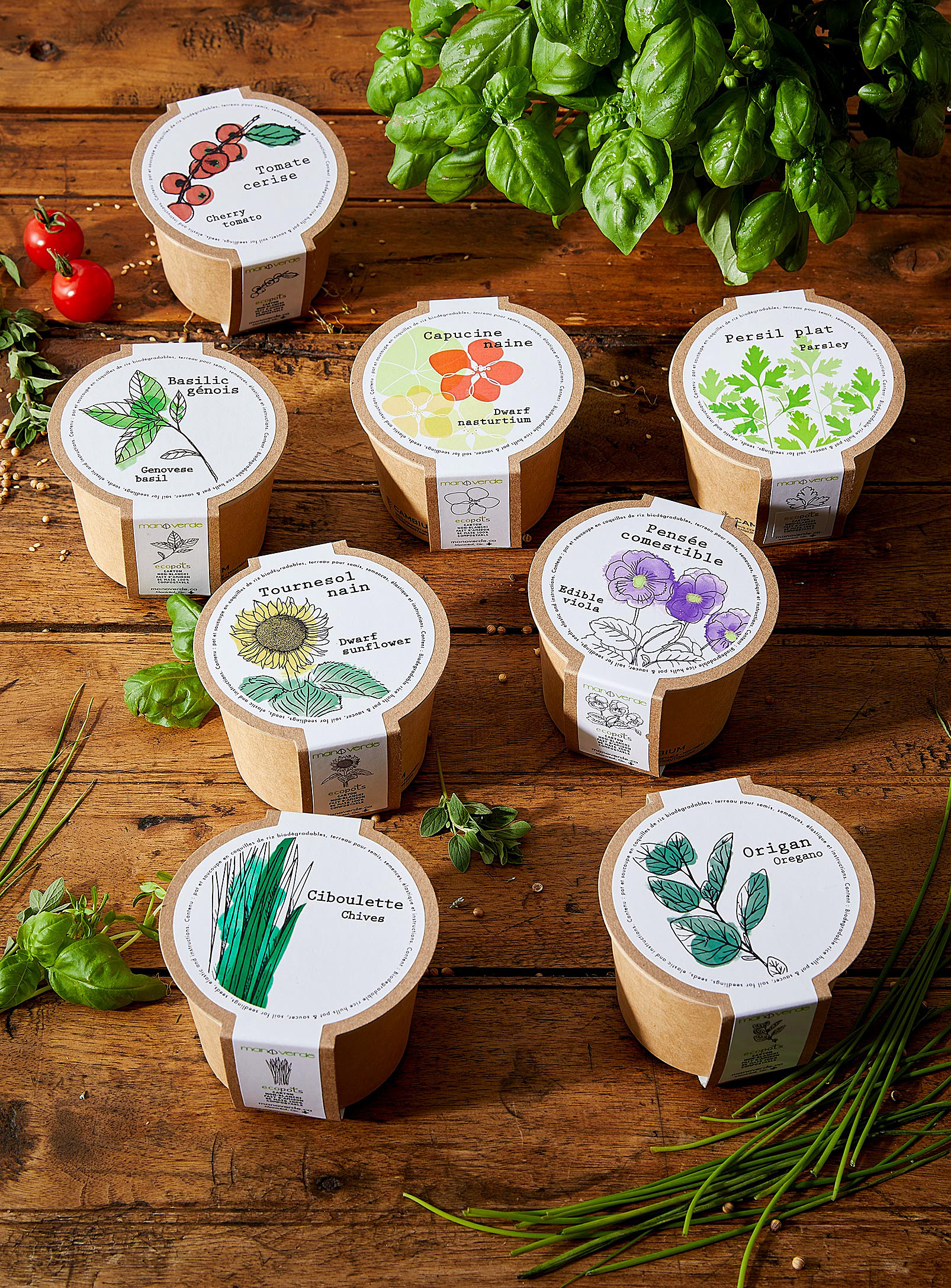 Mano verde - Flowers and herbs to grow 8 eco-friendly mini pots set
