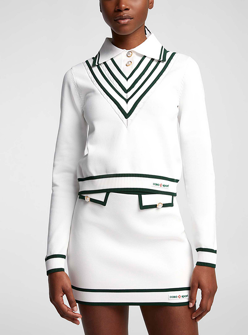 Casablanca: Le chandail style polo superposé Blanc à motifs pour femme