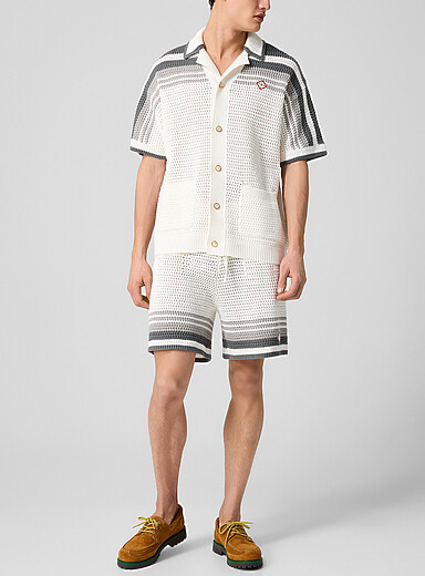 Casablanca: Le short tricot crochet ray&eacute; Blanc &agrave; motifs pour homme