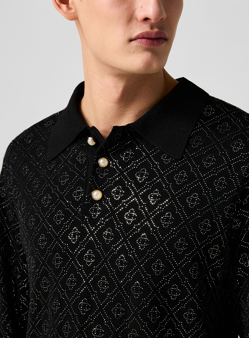 Casablanca Black Glittering monogram pure merino wool polo shirt for men