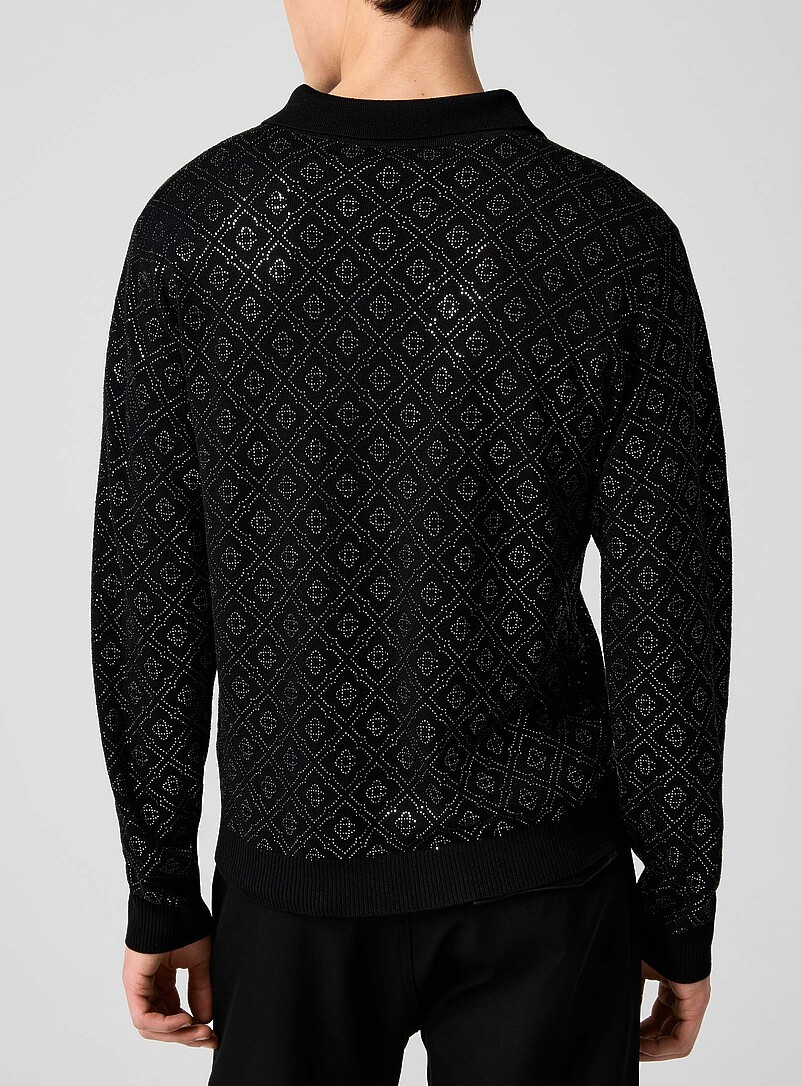 Casablanca Black Glittering monogram pure merino wool polo shirt for men