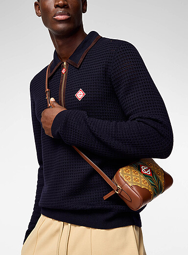 Faux-suede zip-up collar openwork polo shirt