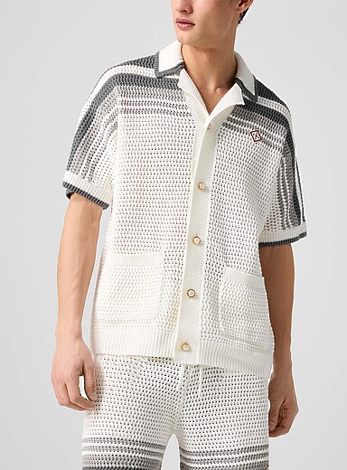 Casablanca Patterned White Crocheted knit cabana shirt for men