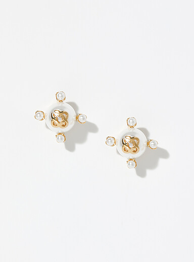 Gold-tone lotus pearl earrings