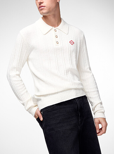 Casablanca: Le polo tricot boucl&eacute; boutons perles Blanc pour homme