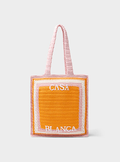 Crocheted knit logo tote bag