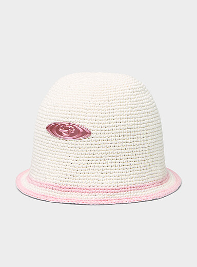 Metallized logo crocheted knit bucket hat