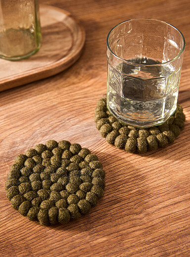 Khaki wool balls coasters Set of 2