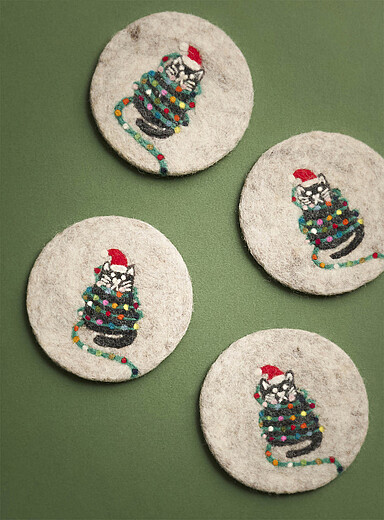 Holiday cat wool coasters Set of 4 <b>Christmas Collection</b>