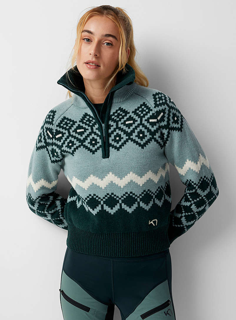 Kari Traa Lime Green Agnes jacquard half-zip sweater for women