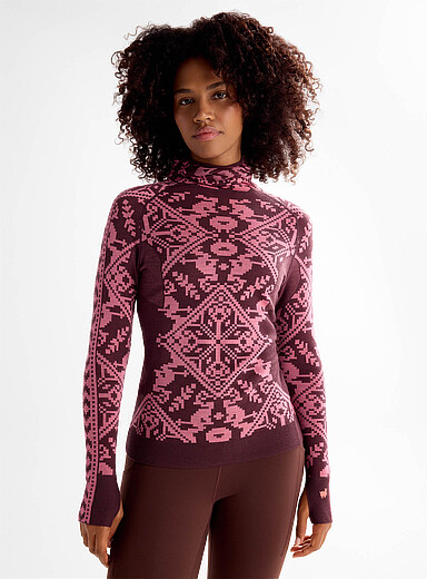 Kari Traa: Le haut m&eacute;rinos &agrave; capuche jacquard nordique Saga Bourgogne pour femme