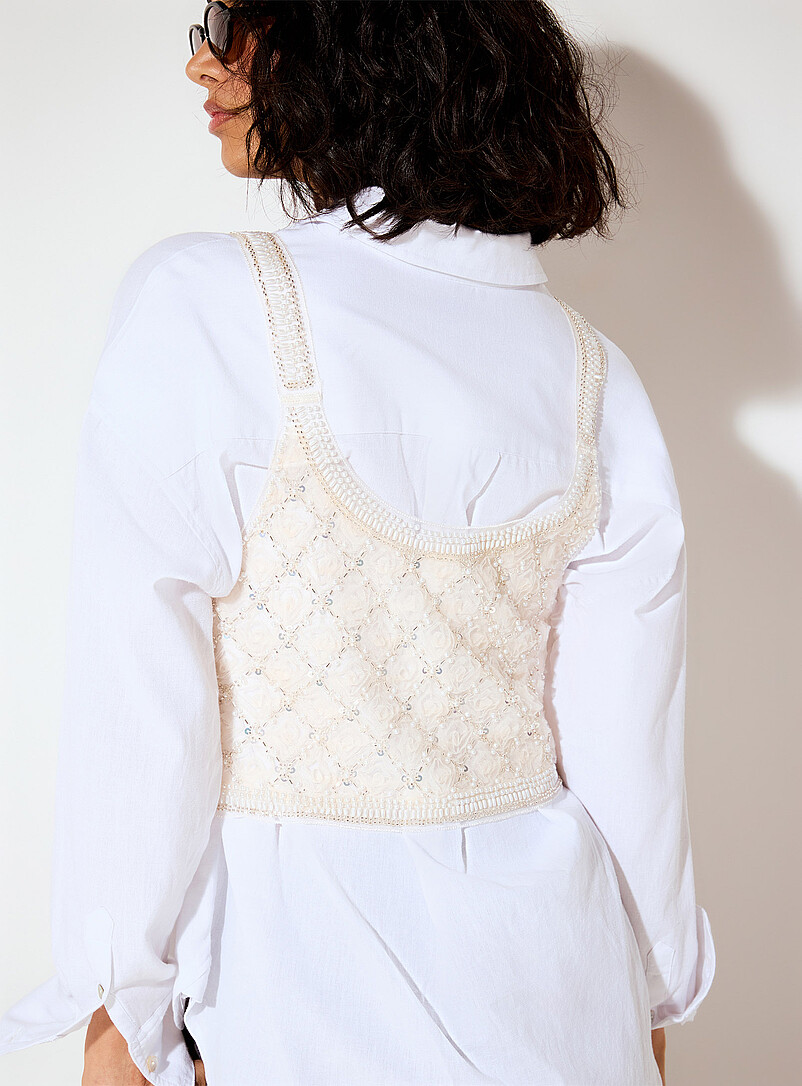 Ic&ocirc;ne: La camisole ultracourte losanges bijoux &Eacute;cru &agrave; motifs pour femme