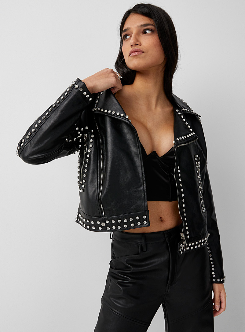 Icône Black Love Myself faux-leather and diamond biker jacket for women