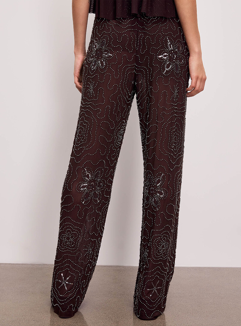 Ic&ocirc;ne Brown Micromesh beads and sequins wide-leg pant for women