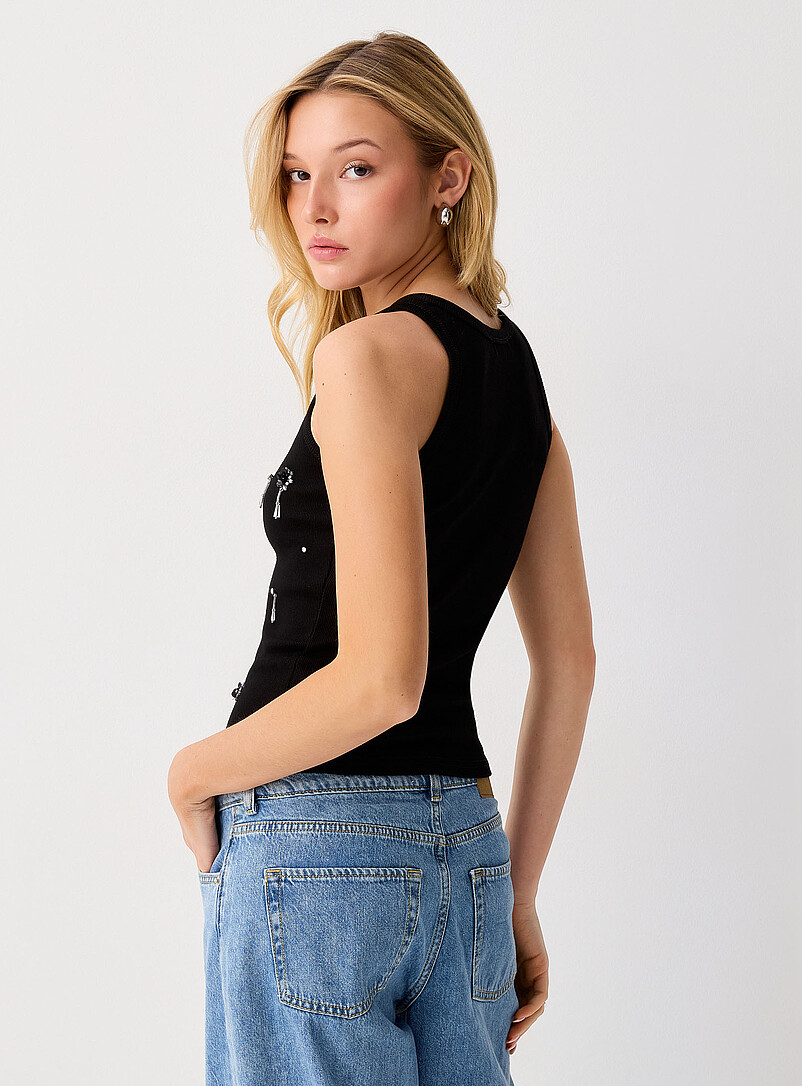Ic&ocirc;ne: La camisole fleurs de paillettes et de cristaux Jaune dor&eacute; pour femme