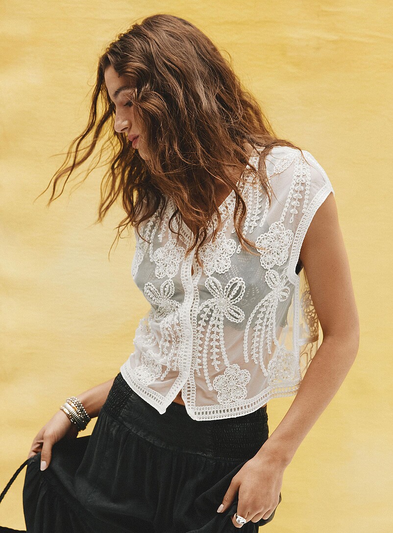 Sheer Beaded And Crocheted Floral Vest