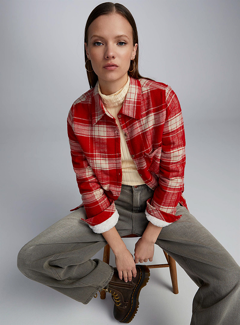 Twik Patterned Red Plush lining checkered overshirt for women