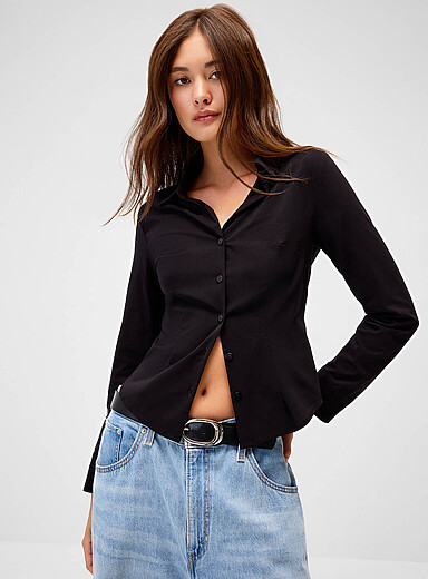 Twik Black Vertical pleating fitted shirt for women