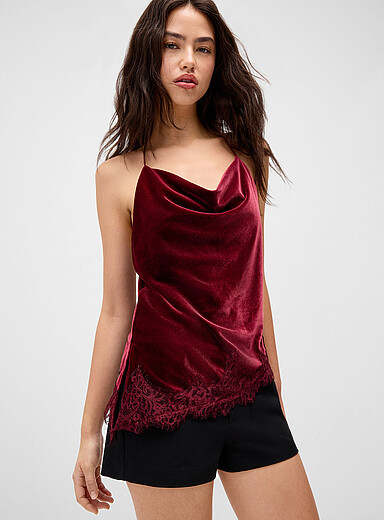 Twik Burgundy Asymmetrical lace velvet cami for women